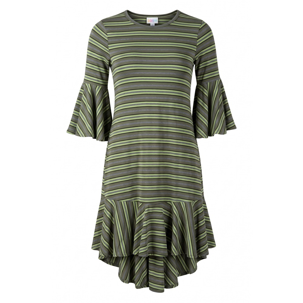LuLaRoe Carly Dress XXS Olive Green Grey Striped Bell Sleeve High Low Ruffle Hem